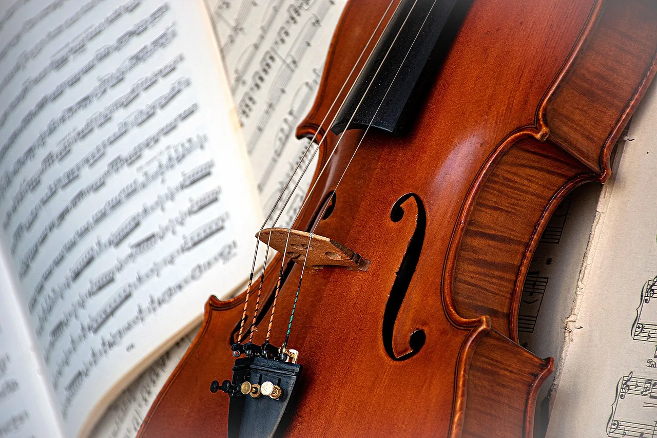 Violin resting on sheet music