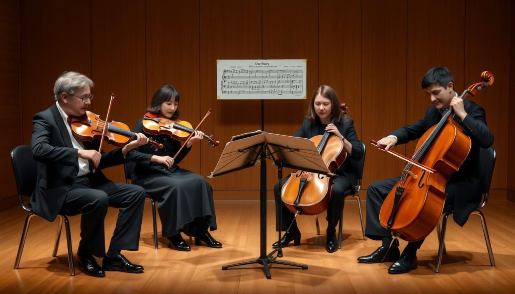 A string quartet of four musicians, dressed in formal attire, seated on a wooden stage with a classical music score illuminated by soft, warm lighting. The instruments - two violins, a viola, and a cello - are held with precision, their rich, vibrant tones filling the air. The musicians' expressions are focused and intent, conveying the depth and emotion of Debussy's masterful composition. The scene is captured from a slightly elevated angle, emphasizing the harmonious interplay of the performers and the artistry of the quatuor à cordes. A string quartet of four musicians, dressed in formal attire, seated on a wooden stage with a classical music score illuminated by soft, warm lighting. The instruments - two violins, a viola, and a cello - are held with precision, their rich, vibrant tones filling the air. The musicians' expressions are focused and intent, conveying the depth and emotion of Debussy's masterful composition. The scene is captured from a slightly elevated angle, emphasizing the harmonious interplay of the performers and the artistry of the quatuor à cordes.