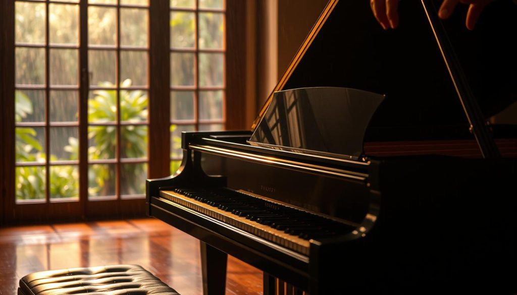 A grand piano sits center stage, its polished ebony frame and gleaming ivory keys reflecting the warm, golden light that bathes the scene. The pianist's hands move gracefully across the keys, their fingers dancing with precision and emotion as they interpret the evocative, impressionistic melodies of Debussy's "Les Jardins sous la pluie." The piano's lid is open, allowing the rich, resonant tones to fill the dimly lit, atmospheric room. In the background, a large window frames a view of a lush, rain-drenched garden, its blurred, dreamlike foliage adding to the contemplative, introspective mood. The overall composition conveys a sense of reverence and artistry, perfectly capturing the essence of this celebrated piano interpretation.