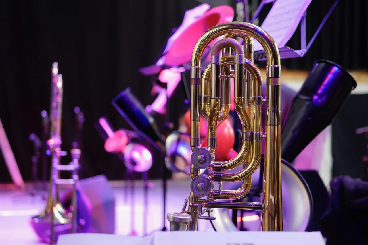 Orchestral instruments on a stage Orchestral instruments on a stage