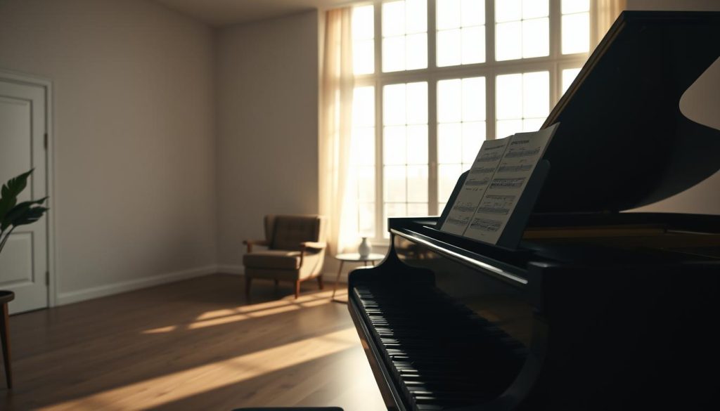 A serene, minimalist piano practice scene. In the foreground, a grand piano with an open sheet music stand, inviting the player to engage in regular, focused practice. Soft, diffused natural lighting filters through large windows, casting a warm, contemplative glow. The middle ground features a comfortable armchair and a small table, suggesting a space for reflection and relaxation between practice sessions. The background is a tranquil, muted interior, with neutral tones and clean lines, free from distractions, allowing the pianist to fully immerse themselves in the music. The overall atmosphere evokes a sense of discipline, dedication, and the rewarding journey of mastering a complex piece like Debussy's Clair de Lune. A serene, minimalist piano practice scene. In the foreground, a grand piano with an open sheet music stand, inviting the player to engage in regular, focused practice. Soft, diffused natural lighting filters through large windows, casting a warm, contemplative glow. The middle ground features a comfortable armchair and a small table, suggesting a space for reflection and relaxation between practice sessions. The background is a tranquil, muted interior, with neutral tones and clean lines, free from distractions, allowing the pianist to fully immerse themselves in the music. The overall atmosphere evokes a sense of discipline, dedication, and the rewarding journey of mastering a complex piece like Debussy's Clair de Lune.
