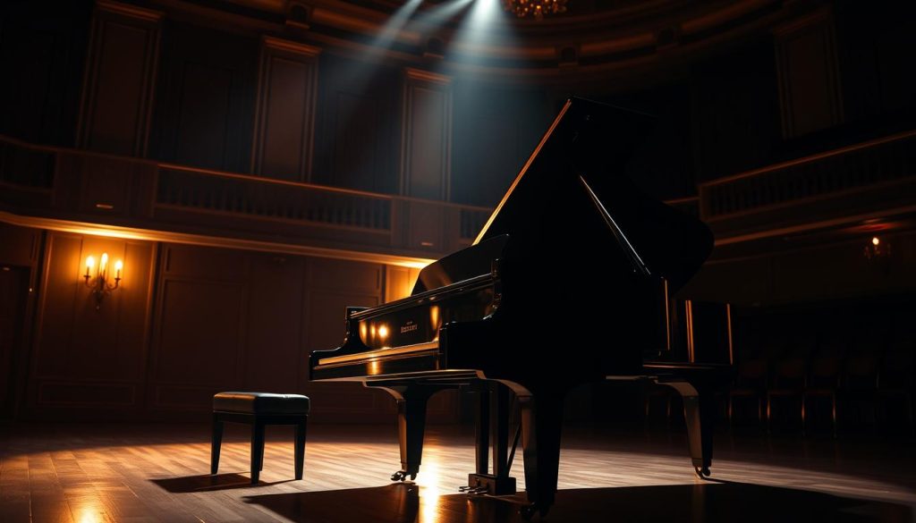 A dimly lit piano recital hall, bathed in soft, warm lighting that casts subtle shadows across the grand piano on stage. The instrument's sleek, polished exterior reflects the hues of the richly decorated room, hinting at the nuanced harmonies and delicate modulations that will soon fill the air. The piano's lid is open, revealing the intricate inner workings, like the secrets of Debussy's compositional techniques. The stage is set, anticipation building, as the performer prepares to interpret the composer's masterful artistry of modulation, bringing the audience on a journey through shifting tonalities and shimmering, impressionistic textures. A dimly lit piano recital hall, bathed in soft, warm lighting that casts subtle shadows across the grand piano on stage. The instrument's sleek, polished exterior reflects the hues of the richly decorated room, hinting at the nuanced harmonies and delicate modulations that will soon fill the air. The piano's lid is open, revealing the intricate inner workings, like the secrets of Debussy's compositional techniques. The stage is set, anticipation building, as the performer prepares to interpret the composer's masterful artistry of modulation, bringing the audience on a journey through shifting tonalities and shimmering, impressionistic textures.