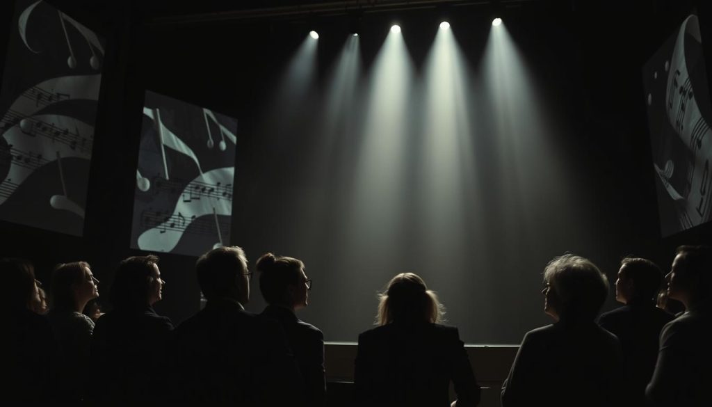 A dimly lit theater, the stage bathed in a soft, ethereal glow. On the walls, projected images of musical scores, notes swirling and dancing, as if brought to life by the haunting melodies of Debussy's Clair de Lune. In the foreground, a panel of critics, their expressions a mix of contemplation and controversy, captured in a chiaroscuro of shadows and highlights. The air is thick with the weight of their words, the impact of the music palpable and divisive. The scene evokes the complex and nuanced reactions that have surrounded this timeless composition, a masterpiece that continues to captivate and challenge audiences worldwide. A dimly lit theater, the stage bathed in a soft, ethereal glow. On the walls, projected images of musical scores, notes swirling and dancing, as if brought to life by the haunting melodies of Debussy's Clair de Lune. In the foreground, a panel of critics, their expressions a mix of contemplation and controversy, captured in a chiaroscuro of shadows and highlights. The air is thick with the weight of their words, the impact of the music palpable and divisive. The scene evokes the complex and nuanced reactions that have surrounded this timeless composition, a masterpiece that continues to captivate and challenge audiences worldwide.