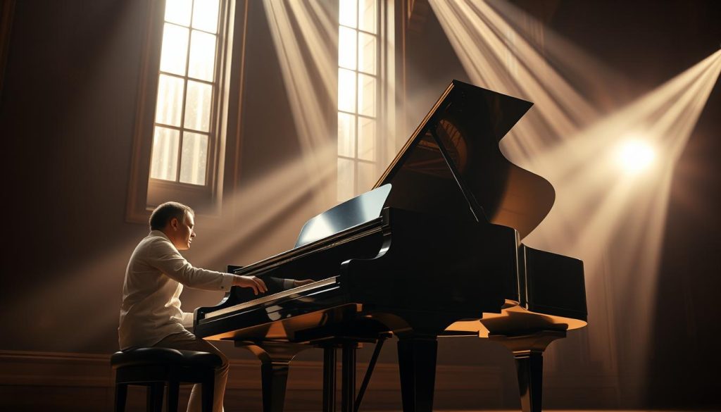 A grand piano sits center stage, its sleek ebony exterior reflecting the warm lighting above. The pianist's fingers delicately caress the ivory keys, coaxing out a cascading melody that fills the intimate performance space. Shafts of light stream through tall windows, casting a soft, ethereal glow upon the scene. The piano's pedals are visible, their mechanisms subtly controlling the flow and expression of the music. The overall atmosphere is one of contemplative artistry, inviting the viewer to lose themselves in the captivating performance.