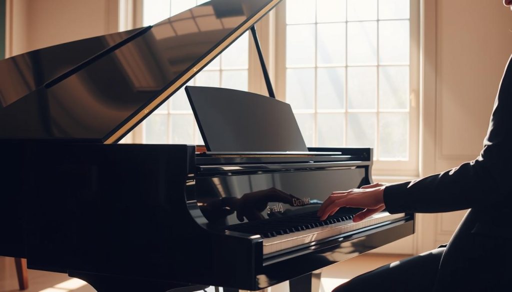 A grand piano standing in a sunlit music studio, its sleek black lacquer gleaming. The pianist's hands dance gracefully across the keys, capturing the nuanced expression of Debussy's Arabesques. Soft, diffused light filters through large windows, casting a warm, contemplative ambiance. The piano's intricate mechanism is visible, hinting at the technical mastery required to navigate its complexities. The player's posture is poised, their movements fluid and precise, embodying the delicate balance of control and fluidity essential to this repertoire. The scene evokes a sense of focused concentration and artistic refinement, perfectly suited to illustrate the "Conseils pour travailler les passages difficiles" section of the article.