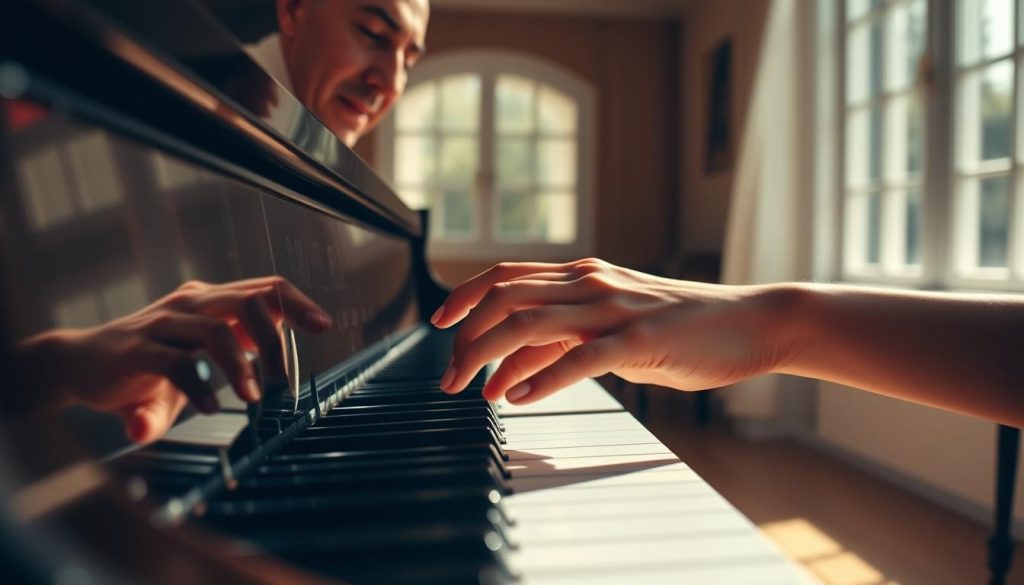 A grand piano standing in a sunlit studio, its keys gleaming under soft, warm lighting. Delicate fingers gracefully dance across the ivory, each movement precise and intentional, capturing the technical mastery required for Debussy's Arabesques. The pianist's face is focused, brow slightly furrowed, as they navigate the intricate, flowing melodies. The background is blurred, drawing the viewer's attention to the skilled technique on display, the essence of "doigtés piano" - the art of fingering. Subtle shadows cast by the player's hands add depth and dimension, heightening the sense of motion and fluidity. This image represents the necessary technical preparation to interpret Debussy's evocative musical landscapes.