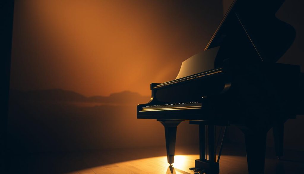 A grand piano stands in a dimly lit, atmospheric room. Soft, warm lighting creates a dreamy, introspective mood. The piano's ebony keys glisten, inviting the viewer to imagine the delicate, expressive performance of Debussy's music. The piano's form dominates the foreground, with a slight perspective shift to suggest the player's presence. In the background, a subtle, impressionistic landscape or abstraction evokes the ethereal, sensual quality of Debussy's compositions. The overall composition conveys the pivotal role of tempo in interpreting Debussy's nuanced, fluid piano works. A grand piano stands in a dimly lit, atmospheric room. Soft, warm lighting creates a dreamy, introspective mood. The piano's ebony keys glisten, inviting the viewer to imagine the delicate, expressive performance of Debussy's music. The piano's form dominates the foreground, with a slight perspective shift to suggest the player's presence. In the background, a subtle, impressionistic landscape or abstraction evokes the ethereal, sensual quality of Debussy's compositions. The overall composition conveys the pivotal role of tempo in interpreting Debussy's nuanced, fluid piano works.