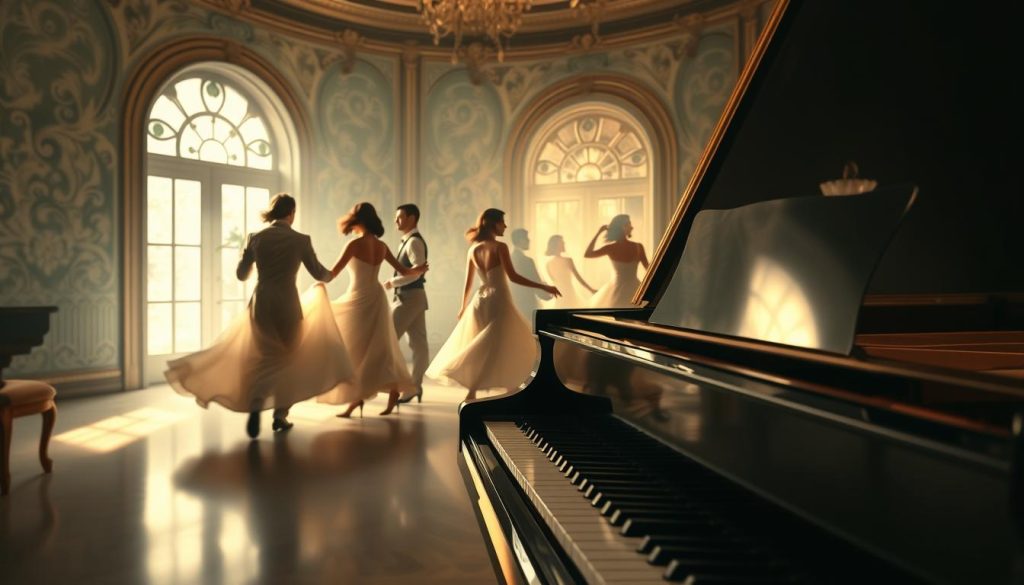 A serene and lively scene of Debussy's "La plus que lente: Une valse enjouée". In the foreground, a grand piano takes center stage, its polished keys gleaming under soft, warm lighting. Surrounding it, a swirling dance of elegantly dressed couples, their movements captured in a hazy, impressionistic style. In the background, a sumptuous, art nouveau-inspired interior with ornate, flowing patterns on the walls and furnishings, creating a dreamy, nostalgic atmosphere. The overall mood is one of joyful, whimsical movement, perfectly capturing the playful, languid character of Debussy's waltz. A serene and lively scene of Debussy's "La plus que lente: Une valse enjouée". In the foreground, a grand piano takes center stage, its polished keys gleaming under soft, warm lighting. Surrounding it, a swirling dance of elegantly dressed couples, their movements captured in a hazy, impressionistic style. In the background, a sumptuous, art nouveau-inspired interior with ornate, flowing patterns on the walls and furnishings, creating a dreamy, nostalgic atmosphere. The overall mood is one of joyful, whimsical movement, perfectly capturing the playful, languid character of Debussy's waltz.