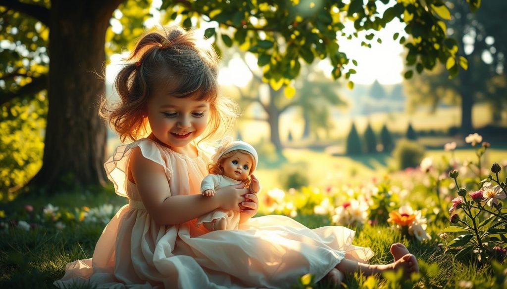 A serene and whimsical scene of a young girl playing with a porcelain doll in a sun-dappled garden. Soft, warm lighting filters through the leaves, casting gentle shadows across the delicate features of the doll and the child's face, brimming with the joy of childhood. The girl's dress is a flowing, pastel-colored garment that sways lightly in the breeze, complementing the tranquil, idyllic setting. In the background, a lush, verdant landscape unfolds, with towering trees and blooming flowers adding to the sense of wonder and enchantment. The entire composition evokes a sense of innocence, wonder, and the timeless beauty of a Debussy-inspired musical reverie. A serene and whimsical scene of a young girl playing with a porcelain doll in a sun-dappled garden. Soft, warm lighting filters through the leaves, casting gentle shadows across the delicate features of the doll and the child's face, brimming with the joy of childhood. The girl's dress is a flowing, pastel-colored garment that sways lightly in the breeze, complementing the tranquil, idyllic setting. In the background, a lush, verdant landscape unfolds, with towering trees and blooming flowers adding to the sense of wonder and enchantment. The entire composition evokes a sense of innocence, wonder, and the timeless beauty of a Debussy-inspired musical reverie.