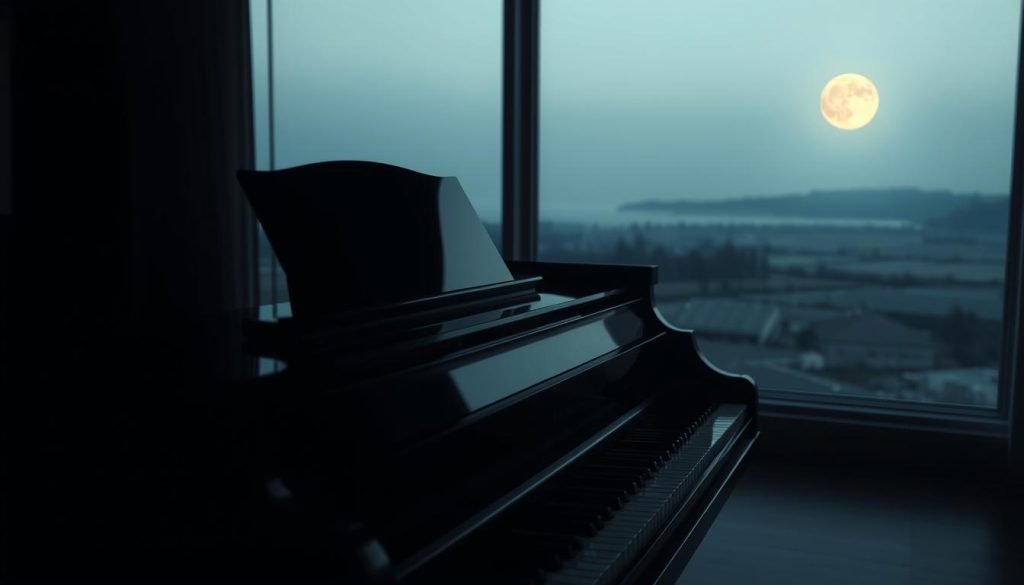 A serene, dimly lit grand piano takes center stage, its gleaming ebony surface reflecting the soft, moonlit ambiance of the room. The piano's keyboard lies open, inviting the viewer to imagine the delicate, evocative strains of Debussy's "Clair de Lune" echoing through the space. In the background, a large window overlooks a tranquil, moonlit landscape, the pale light filtering in and casting a gentle glow over the scene. The overall atmosphere is one of quiet contemplation, a reverent homage to the timeless beauty and enduring appeal of this iconic musical composition. A serene, dimly lit grand piano takes center stage, its gleaming ebony surface reflecting the soft, moonlit ambiance of the room. The piano's keyboard lies open, inviting the viewer to imagine the delicate, evocative strains of Debussy's "Clair de Lune" echoing through the space. In the background, a large window overlooks a tranquil, moonlit landscape, the pale light filtering in and casting a gentle glow over the scene. The overall atmosphere is one of quiet contemplation, a reverent homage to the timeless beauty and enduring appeal of this iconic musical composition.