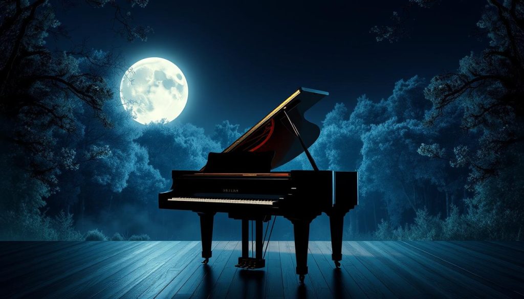 A serene, moonlit landscape at night, with a grand piano as the central focus. The piano stands on a wooden stage, softly illuminated by the ethereal glow of the full moon. The keys are delicately highlighted, hinting at the intricate, flowing melodies of Debussy's "Clair de Lune". In the background, a lush, dreamlike forest frames the scene, its trees and foliage bathed in the cool, silvery light. The overall atmosphere is one of tranquility and elegant sophistication, capturing the essence of this beloved classical composition. A serene, moonlit landscape at night, with a grand piano as the central focus. The piano stands on a wooden stage, softly illuminated by the ethereal glow of the full moon. The keys are delicately highlighted, hinting at the intricate, flowing melodies of Debussy's "Clair de Lune". In the background, a lush, dreamlike forest frames the scene, its trees and foliage bathed in the cool, silvery light. The overall atmosphere is one of tranquility and elegant sophistication, capturing the essence of this beloved classical composition.