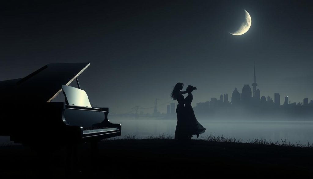 A serene moonlit landscape, with Debussy's "Clair de Lune" playing softly in the background. A grand piano stands in the foreground, its glossy black finish reflecting the ethereal glow of the moon. In the middle ground, a couple sways gracefully, lost in the enchanting melody. In the distance, a city skyline silhouetted against a velvet-black sky, with the crescent moon casting a silver sheen across the scene. The lighting is soft and atmospheric, creating a sense of timeless elegance and romantic ambiance. The overall composition evokes the timeless appeal of this beloved classical piece, seamlessly blending it with the allure of popular culture. A serene moonlit landscape, with Debussy's "Clair de Lune" playing softly in the background. A grand piano stands in the foreground, its glossy black finish reflecting the ethereal glow of the moon. In the middle ground, a couple sways gracefully, lost in the enchanting melody. In the distance, a city skyline silhouetted against a velvet-black sky, with the crescent moon casting a silver sheen across the scene. The lighting is soft and atmospheric, creating a sense of timeless elegance and romantic ambiance. The overall composition evokes the timeless appeal of this beloved classical piece, seamlessly blending it with the allure of popular culture.