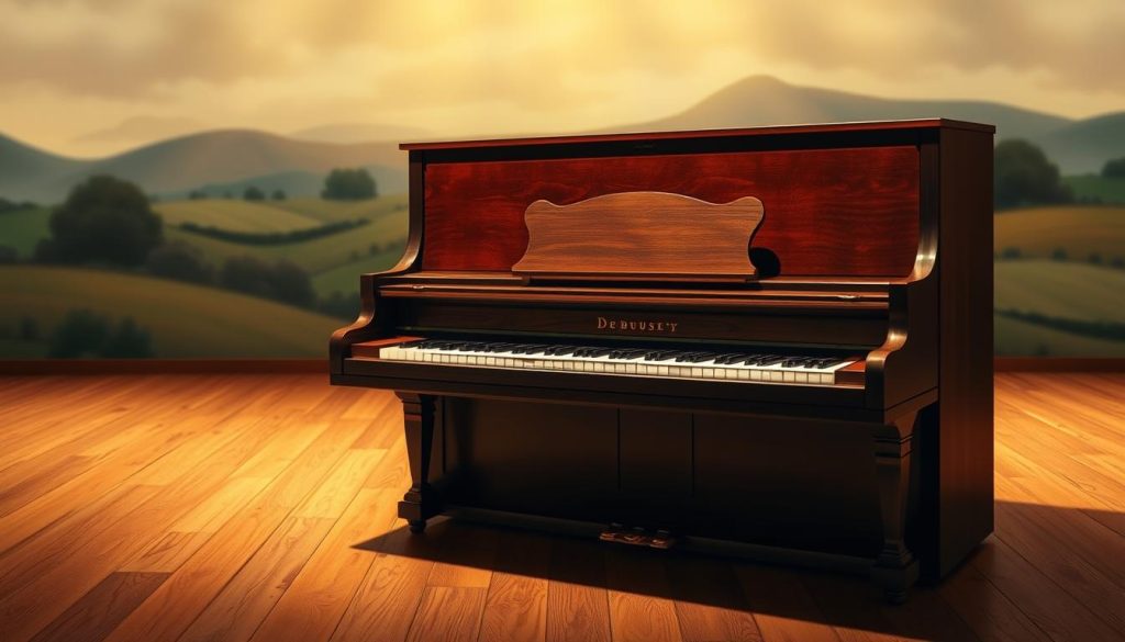 A serene piano sitting on a wooden stage, illuminated by warm, soft lighting from above. The piano's keys are slightly worn, hinting at countless performances. In the background, a stylized, impressionistic landscape evokes the atmospheric, dreamlike quality of Debussy's compositions. The scene conveys a sense of timelessness, inviting the viewer to approach the piano and imagine the music it could produce. A serene piano sitting on a wooden stage, illuminated by warm, soft lighting from above. The piano's keys are slightly worn, hinting at countless performances. In the background, a stylized, impressionistic landscape evokes the atmospheric, dreamlike quality of Debussy's compositions. The scene conveys a sense of timelessness, inviting the viewer to approach the piano and imagine the music it could produce.