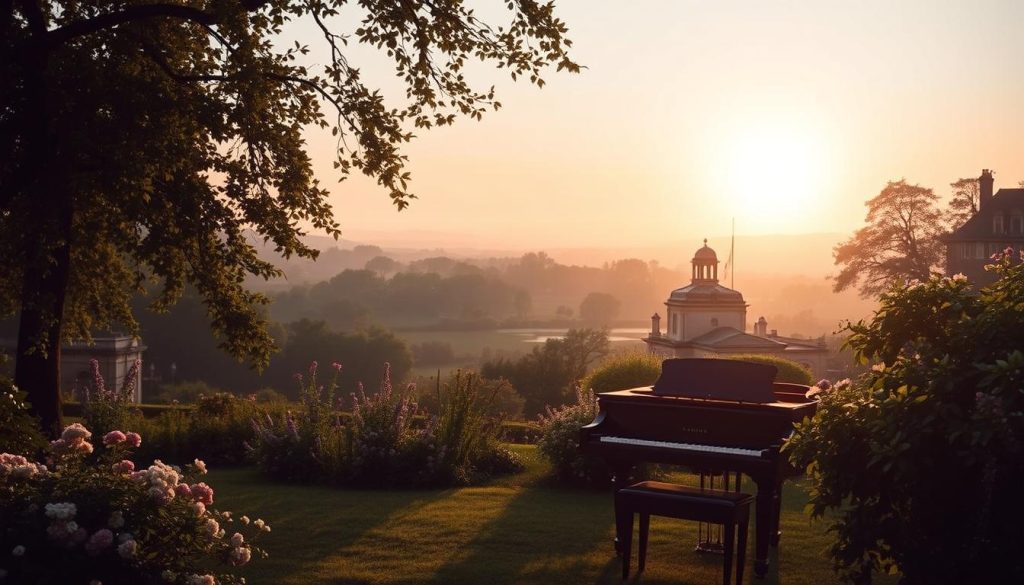 A tranquil landscape that evokes the historical context of Claude Debussy's life and work. In the foreground, a grand piano sits amid a lush, impressionistic garden, with swaying trees and blooming flowers casting dappled shadows. The middle ground features a stately manor house, its classical architecture hinting at the cultural milieu of late 19th-century France. In the distance, a hazy horizon suggests the dawning of a new era, with the setting sun casting a warm, golden glow over the scene. The lighting is soft and diffuse, creating a sense of dreamlike serenity that reflects Debussy's innovative approach to musical harmony and texture. A tranquil landscape that evokes the historical context of Claude Debussy's life and work. In the foreground, a grand piano sits amid a lush, impressionistic garden, with swaying trees and blooming flowers casting dappled shadows. The middle ground features a stately manor house, its classical architecture hinting at the cultural milieu of late 19th-century France. In the distance, a hazy horizon suggests the dawning of a new era, with the setting sun casting a warm, golden glow over the scene. The lighting is soft and diffuse, creating a sense of dreamlike serenity that reflects Debussy's innovative approach to musical harmony and texture.
