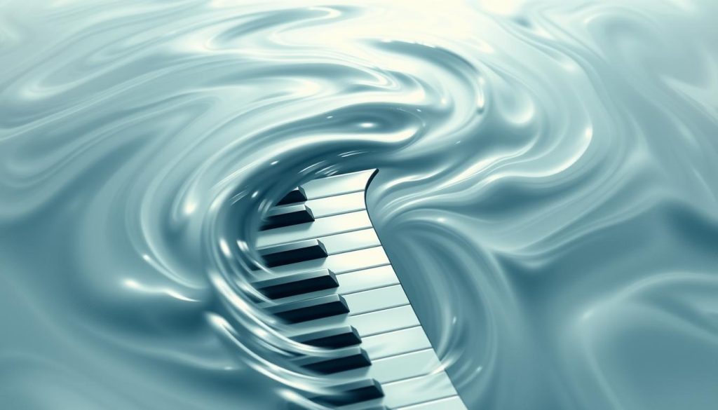 A tranquil piano keyboard emerges from a swirling sea of fluid, ethereal brushstrokes. The keys seem to undulate and flow, mirroring the gentle, rippling patterns that surround them. Soft, diffused lighting casts a dreamlike glow, creating a sense of depth and atmosphere. The overall composition evokes the fluidity and impressionistic nature of Debussy's Arabesques, guiding the viewer into a contemplative, almost meditative state. Subtle details, such as the subtle reflections on the keys and the delicate, feathery edges of the brushstrokes, add to the sense of delicacy and movement. This image serves as a visual metaphor for the challenges and techniques involved in interpreting Debussy's evocative piano works.