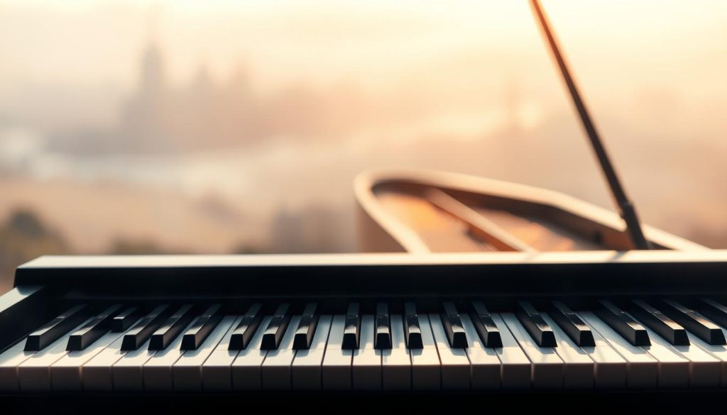 Delicate, impressionistic piano keys dance across a hazy, dreamlike canvas. Soft, muted colors blend seamlessly, evoking the subtle harmonies and shimmering textures of Debussy's compositional style. A grand piano stands in the foreground, its strings and hammers captured in ethereal, out-of-focus detail. The background features a blurred, atmospheric landscape, hinting at the natural world that so inspired Debussy's music. Warm, diffused lighting bathes the scene, creating a sense of tranquility and introspection. This image captures the essence of Debussy's "harmonic structure," where dissonance and ambiguity coexist in a mesmerizing, sensual musical tapestry. Delicate, impressionistic piano keys dance across a hazy, dreamlike canvas. Soft, muted colors blend seamlessly, evoking the subtle harmonies and shimmering textures of Debussy's compositional style. A grand piano stands in the foreground, its strings and hammers captured in ethereal, out-of-focus detail. The background features a blurred, atmospheric landscape, hinting at the natural world that so inspired Debussy's music. Warm, diffused lighting bathes the scene, creating a sense of tranquility and introspection. This image captures the essence of Debussy's "harmonic structure," where dissonance and ambiguity coexist in a mesmerizing, sensual musical tapestry.