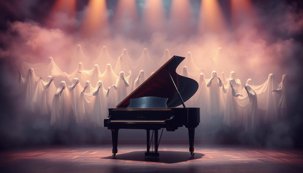 A grand piano sits center stage, its polished ebony surface gleaming under the warm glow of stage lights. Surrounding it, a choir of ethereal, ghostly figures in flowing white robes drift and sway, their voices lifted in a soulful, haunting melody. The background is hazy, a dreamy, impressionistic landscape of soft blues and purples, evoking the lush, atmospheric quality of Debussy's vocal works. The overall scene conveys a sense of timeless, ethereal beauty, perfectly capturing the innovative rhythms and evocative nature of Debussy's vocal compositions. A grand piano sits center stage, its polished ebony surface gleaming under the warm glow of stage lights. Surrounding it, a choir of ethereal, ghostly figures in flowing white robes drift and sway, their voices lifted in a soulful, haunting melody. The background is hazy, a dreamy, impressionistic landscape of soft blues and purples, evoking the lush, atmospheric quality of Debussy's vocal works. The overall scene conveys a sense of timeless, ethereal beauty, perfectly capturing the innovative rhythms and evocative nature of Debussy's vocal compositions.