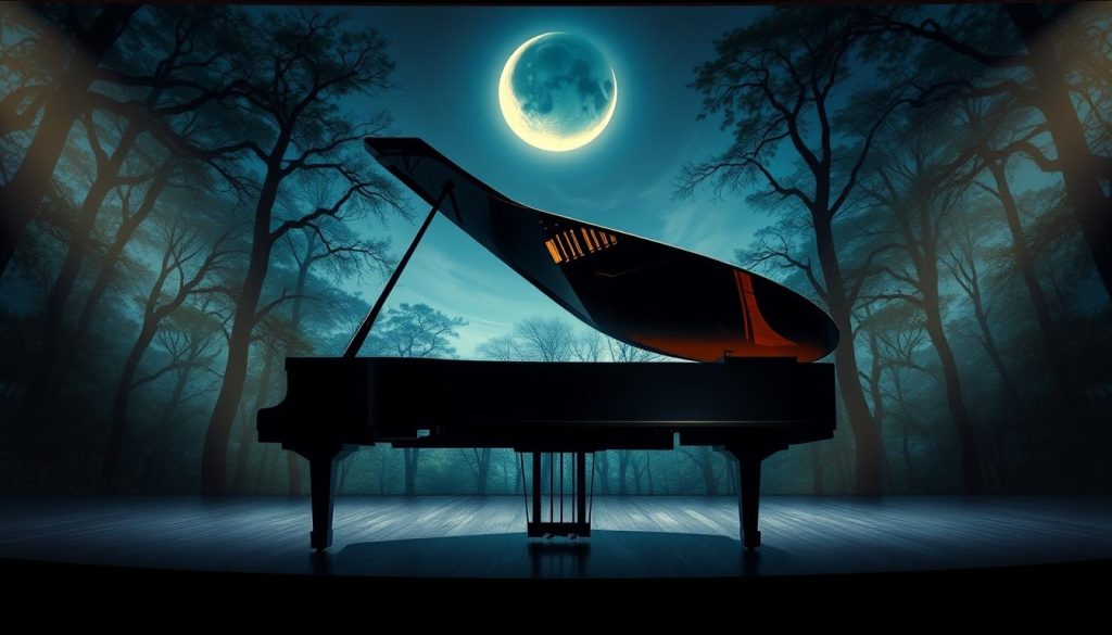 A grand piano sits on a moonlit stage, its polished ebony surface reflecting the soft, ethereal glow of a crescent moon. The stage is surrounded by a lush, impressionistic forest, with swaying trees and dancing shadows that evoke the romantic, dreamlike atmosphere of Debussy's "Suite Bergamasque" and "Clair de Lune." The piano's keys are illuminated, hinting at the intricate, shimmering melodies that flow from its strings. The scene is captured through a wide-angle lens, creating a sense of depth and grandeur, as if the viewer is transported into the heart of Debussy's musical world. A grand piano sits on a moonlit stage, its polished ebony surface reflecting the soft, ethereal glow of a crescent moon. The stage is surrounded by a lush, impressionistic forest, with swaying trees and dancing shadows that evoke the romantic, dreamlike atmosphere of Debussy's "Suite Bergamasque" and "Clair de Lune." The piano's keys are illuminated, hinting at the intricate, shimmering melodies that flow from its strings. The scene is captured through a wide-angle lens, creating a sense of depth and grandeur, as if the viewer is transported into the heart of Debussy's musical world.