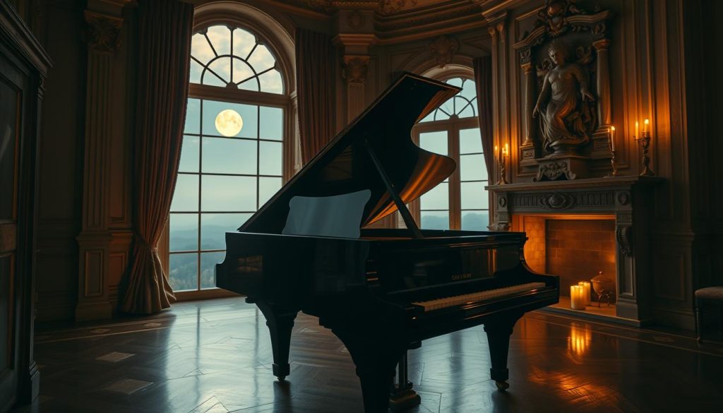 A grand piano stands in a dimly lit, ornate room, its gleaming ebony surface reflecting the warm glow of candlelight. The room is adorned with intricate moldings, velvet curtains, and a towering, ornate fireplace, evoking the elegance of a bygone era. In the background, a large window offers a glimpse of a moonlit, hazy landscape, hinting at the expansive, romantic nature of Chopin and Debussy's musical legacies. The piano's keys are poised, ready to be caressed by the ghostly, ethereal hands of these two maestros, their melodies blending and resonating through the room, creating a harmonious fusion of their distinct musical voices. A grand piano stands in a dimly lit, ornate room, its gleaming ebony surface reflecting the warm glow of candlelight. The room is adorned with intricate moldings, velvet curtains, and a towering, ornate fireplace, evoking the elegance of a bygone era. In the background, a large window offers a glimpse of a moonlit, hazy landscape, hinting at the expansive, romantic nature of Chopin and Debussy's musical legacies. The piano's keys are poised, ready to be caressed by the ghostly, ethereal hands of these two maestros, their melodies blending and resonating through the room, creating a harmonious fusion of their distinct musical voices.