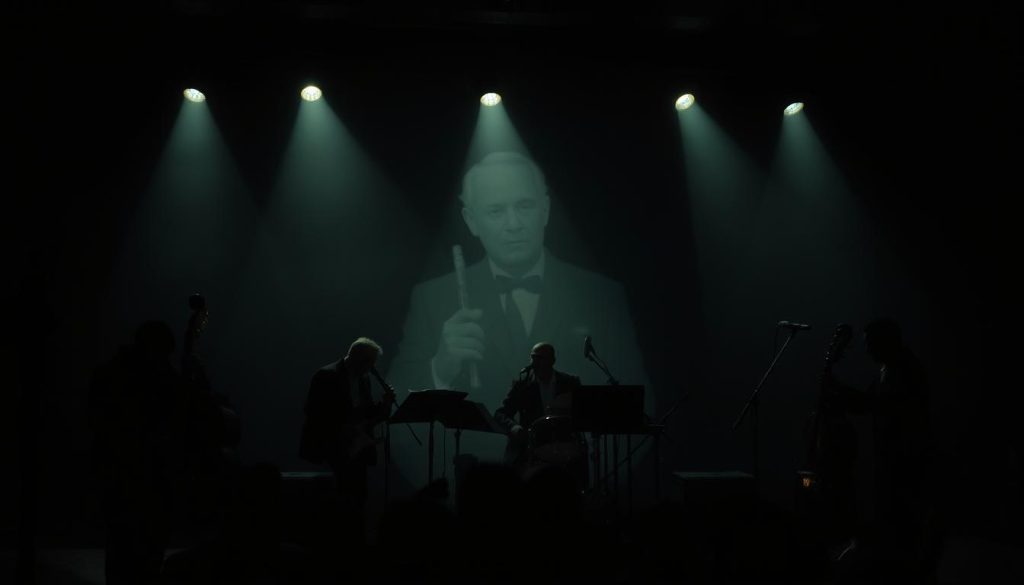 A jazz band performs on a dimly lit stage, the shadows cast by the moody overhead lighting accentuating the fluid movements of the musicians. In the background, a ghostly silhouette of Claude Debussy peers out, his visage shrouded in a hazy, impressionistic glow, symbolizing the profound influence he exerted on the evolution of jazz. The band members, each deeply immersed in their craft, seamlessly blend Debussy's innovative harmonies and rhythms with the soulful cadences of the jazz idiom, creating a captivating, otherworldly soundscape that seems to drift and sway, like ripples on a moonlit pond. A jazz band performs on a dimly lit stage, the shadows cast by the moody overhead lighting accentuating the fluid movements of the musicians. In the background, a ghostly silhouette of Claude Debussy peers out, his visage shrouded in a hazy, impressionistic glow, symbolizing the profound influence he exerted on the evolution of jazz. The band members, each deeply immersed in their craft, seamlessly blend Debussy's innovative harmonies and rhythms with the soulful cadences of the jazz idiom, creating a captivating, otherworldly soundscape that seems to drift and sway, like ripples on a moonlit pond.