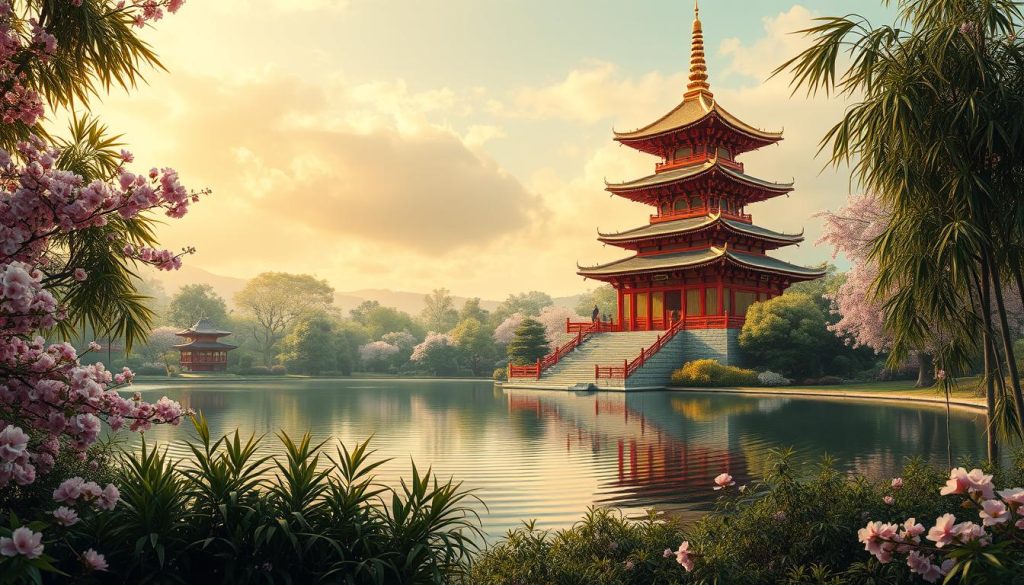 A lush, dreamlike landscape inspired by the exotic musical influences of Claude Debussy. In the foreground, a grand pagoda-style temple rises amidst a serene garden, its ornate architecture and vibrant colors evoking the cultures of the East. Intricate carvings and gilded details adorn the structure, casting warm, ambient light across the scene. In the middle ground, a tranquil pond reflects the temple's image, its surface rippling gently. Delicate cherry blossoms and bamboo thickets populate the surrounding landscape, hinting at the natural beauty that inspired Debussy's evocative musical compositions. The overall atmosphere is one of tranquility and timeless elegance, capturing the essence of the composer's fascination with the Orient. A lush, dreamlike landscape inspired by the exotic musical influences of Claude Debussy. In the foreground, a grand pagoda-style temple rises amidst a serene garden, its ornate architecture and vibrant colors evoking the cultures of the East. Intricate carvings and gilded details adorn the structure, casting warm, ambient light across the scene. In the middle ground, a tranquil pond reflects the temple's image, its surface rippling gently. Delicate cherry blossoms and bamboo thickets populate the surrounding landscape, hinting at the natural beauty that inspired Debussy's evocative musical compositions. The overall atmosphere is one of tranquility and timeless elegance, capturing the essence of the composer's fascination with the Orient.