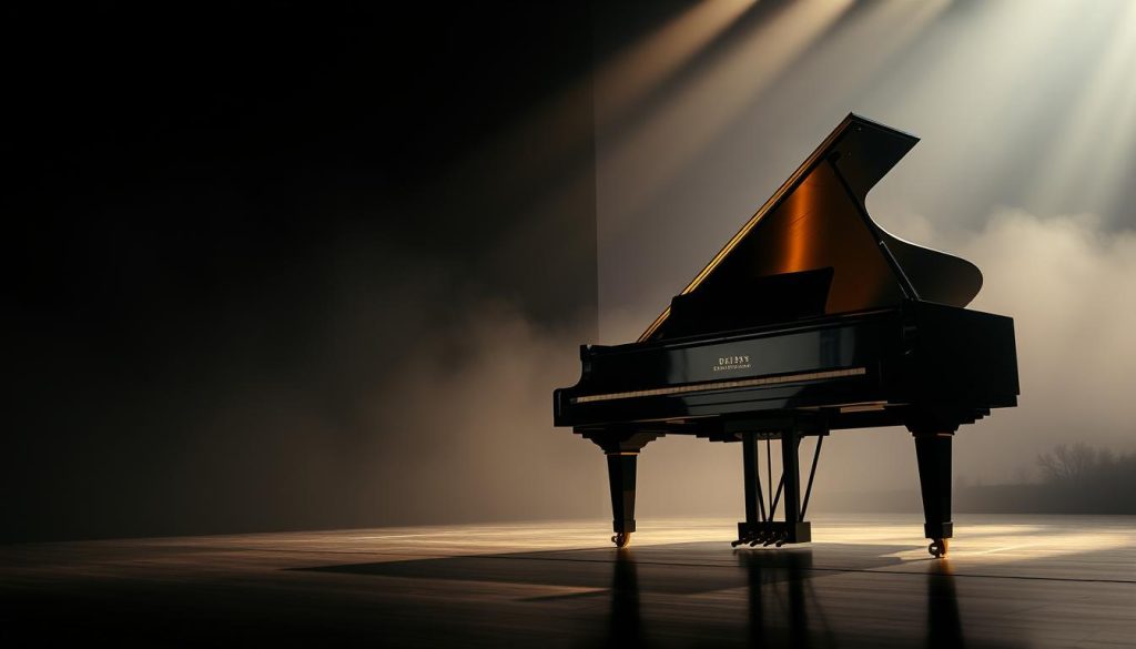 A piano recital on a dimly lit stage, with Debussy lost in the melancholic notes of Chopin's nocturnes. The grand piano stands as the focal point, its glossy black surface reflecting the warm glow of the spotlights. Shadows dance across the keys, hinting at the emotional depth of the music. In the background, a hazy, dreamlike landscape evokes the impressionistic style of Debussy's later works, inspired by the introspective, melancholic tones of Chopin's compositions. The scene exudes a sense of intimate contemplation, where the two composers' legacies intertwine, creating a hauntingly beautiful and introspective atmosphere. A piano recital on a dimly lit stage, with Debussy lost in the melancholic notes of Chopin's nocturnes. The grand piano stands as the focal point, its glossy black surface reflecting the warm glow of the spotlights. Shadows dance across the keys, hinting at the emotional depth of the music. In the background, a hazy, dreamlike landscape evokes the impressionistic style of Debussy's later works, inspired by the introspective, melancholic tones of Chopin's compositions. The scene exudes a sense of intimate contemplation, where the two composers' legacies intertwine, creating a hauntingly beautiful and introspective atmosphere.