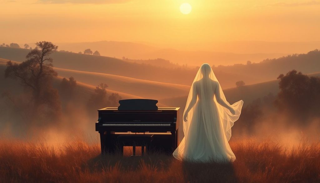 A serene, impressionistic landscape where the ghostly, ethereal forms of Chopin and Debussy stand side by side, their musical influences intertwining like delicate wisps of melody. The scene is bathed in a soft, golden light, with a piano in the foreground and a hazy, dreamlike backdrop of rolling hills, swaying trees, and a distant horizon. The mood is contemplative, reflective, and tinged with a sense of reverence for the profound impact Chopin had on Debussy's groundbreaking compositional style. The overall impression is one of timeless, soulful connection between these two towering figures of classical music. A serene, impressionistic landscape where the ghostly, ethereal forms of Chopin and Debussy stand side by side, their musical influences intertwining like delicate wisps of melody. The scene is bathed in a soft, golden light, with a piano in the foreground and a hazy, dreamlike backdrop of rolling hills, swaying trees, and a distant horizon. The mood is contemplative, reflective, and tinged with a sense of reverence for the profound impact Chopin had on Debussy's groundbreaking compositional style. The overall impression is one of timeless, soulful connection between these two towering figures of classical music.