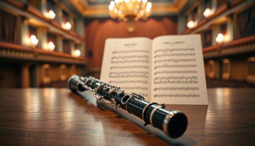 A basset clarinet elegantly rests on a polished wooden table in the foreground, its keys glistening under soft, warm lighting that creates gentle reflections. The middle ground showcases a sheet of Mozart's "Concerto for Clarinet" score, with ornate musical notations visible, hinting at the beauty of the composition. In the background, a subtle blur of a classical concert hall is depicted, complete with soft golden chandeliers and lush velvet curtains that evoke a rich, historical ambiance. The mood is serene and contemplative, inviting the viewer to appreciate the artistry of both the instrument and the music. The image is captured with a slight soft-focus lens to enhance the warmth and intimacy of the scene.