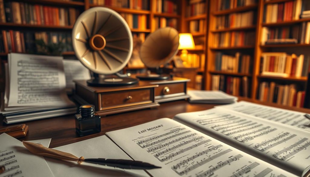 A beautifully arranged wooden desk filled with classical music sheets, prominently featuring a detailed list titled "Liste des œuvres de Mozart." The foreground showcases elegantly handwritten notes, with a quill and ink pot beside them. In the middle distance, a vintage gramophone plays softly, bathed in warm, soft lighting that creates a nostalgic atmosphere. Sheet music for iconic pieces such as "Eine kleine Nachtmusik" and "Requiem" is visible. The background displays a softly illuminated room lined with bookshelves filled with music books, adding depth. The overall mood is serene and reflective, with delicate shadows enhancing the timeless elegance of Mozart’s legacy. A beautifully arranged wooden desk filled with classical music sheets, prominently featuring a detailed list titled "Liste des œuvres de Mozart." The foreground showcases elegantly handwritten notes, with a quill and ink pot beside them. In the middle distance, a vintage gramophone plays softly, bathed in warm, soft lighting that creates a nostalgic atmosphere. Sheet music for iconic pieces such as "Eine kleine Nachtmusik" and "Requiem" is visible. The background displays a softly illuminated room lined with bookshelves filled with music books, adding depth. The overall mood is serene and reflective, with delicate shadows enhancing the timeless elegance of Mozart’s legacy.