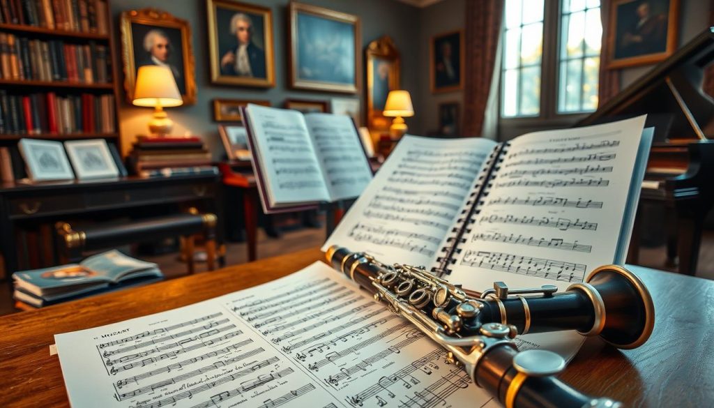 A beautifully composed scene depicting the analysis of the movements of Mozart's Clarinet Concerto. In the foreground, a vintage clarinet rests on a sheet of music, with intricate annotations and markings highlighting key elements of the concerto. The middle layer showcases an elegant music stand adorned with detailed sheets revealing various movements of the piece. In the background, a softly lit room filled with classical music books, framed portraits of Mozart, and a grand piano creates a scholarly atmosphere. Warm, golden lighting bathes the scene, evoking a sense of nostalgia and reverence for classical music. The camera angle is slightly elevated, inviting the viewer to engage with the artistry surrounding the clarinet.