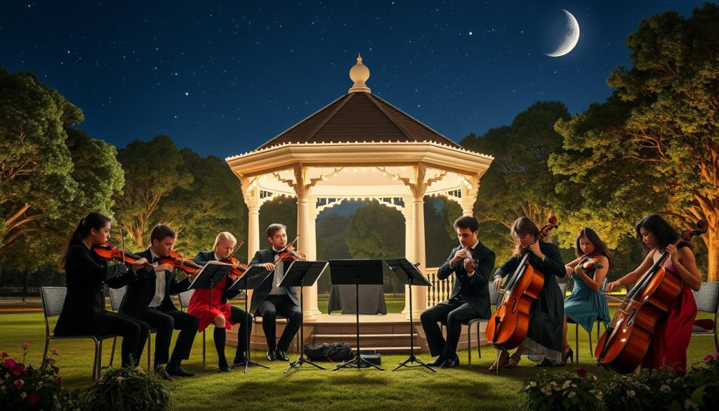 A classical music ensemble performing Mozart's Serenade No. 13 under a starlit night sky. In the foreground, a diverse group of musicians dressed in elegant concert attire, such as tuxedos and formal dresses, passionately playing string instruments like violins and cellos. The middle ground features a beautifully lit gazebo, adorned with soft, glowing fairy lights, creating an inviting atmosphere for the audience. The background showcases a serene park setting with lush trees silhouetted against the night, and a crescent moon shimmering above, casting gentle light. The scene conveys a warm, enchanting mood, celebrating the iconic piece and its numerous interpretations. The lighting should evoke a magical evening ambiance, enhancing the elegance of the performance.