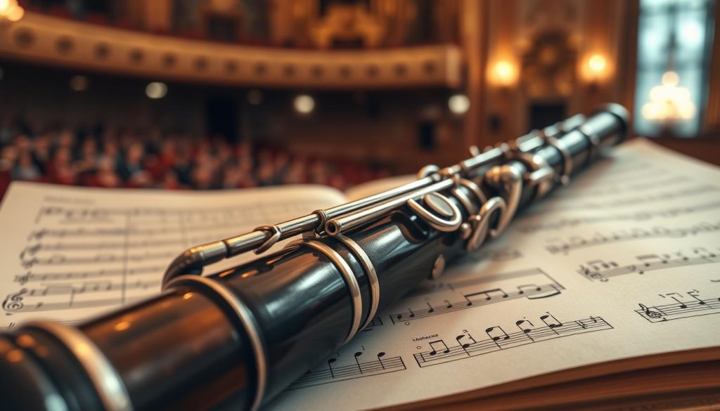 A close-up view of a classical clarinet placed on an ornate sheet music stand, featuring the intricate notes and dynamics from Mozart's Clarinet Concerto. In the foreground, the shiny wooden finish of the clarinet glistens under soft, warm lighting, highlighting its elegant design. The middle layer includes delicate, flowing sheet music scattered around, showcasing excerpts of challenging passages. The background reveals a softly blurred concert hall, with subtle hints of an audience and ornate architecture, evoking a sophisticated ambiance. The scene conveys a sense of reverence for classical music, inviting viewers to appreciate the technicalities of Mozart's composition. The overall mood is warm, inspiring, and reflective, with a focus on the beauty of the clarinet and its musical significance.