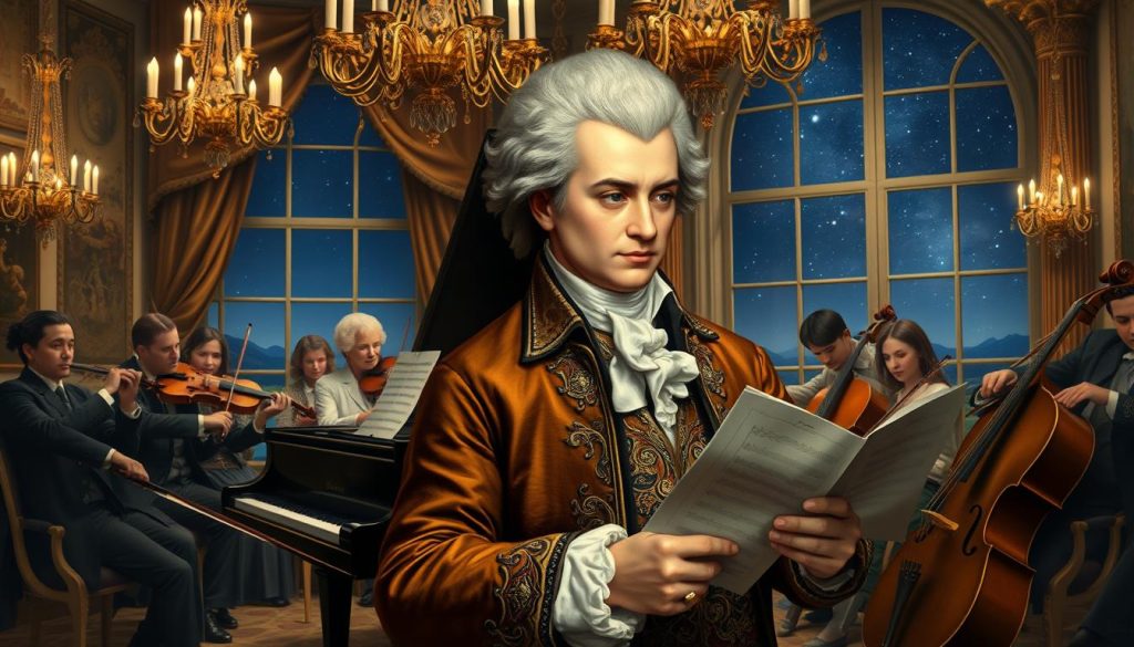 A detailed portrait of Wolfgang Amadeus Mozart surrounded by elements of his era, set in an elegant 18th-century Viennese salon. In the foreground, Mozart, dressed in a richly embroidered coat, holds sheet music and looks thoughtfully at a grand piano. The middle ground features musicians playing classical instruments like violins and a cello, their expressions engaged and passionate. The background is adorned with opulent decor, including chandeliers, ornate drapery, and a large window revealing a serene night sky filled with stars. Soft, warm lighting bathes the scene to create a nostalgic, inviting atmosphere, highlighting the beauty of classical music and the cultural richness of the time.