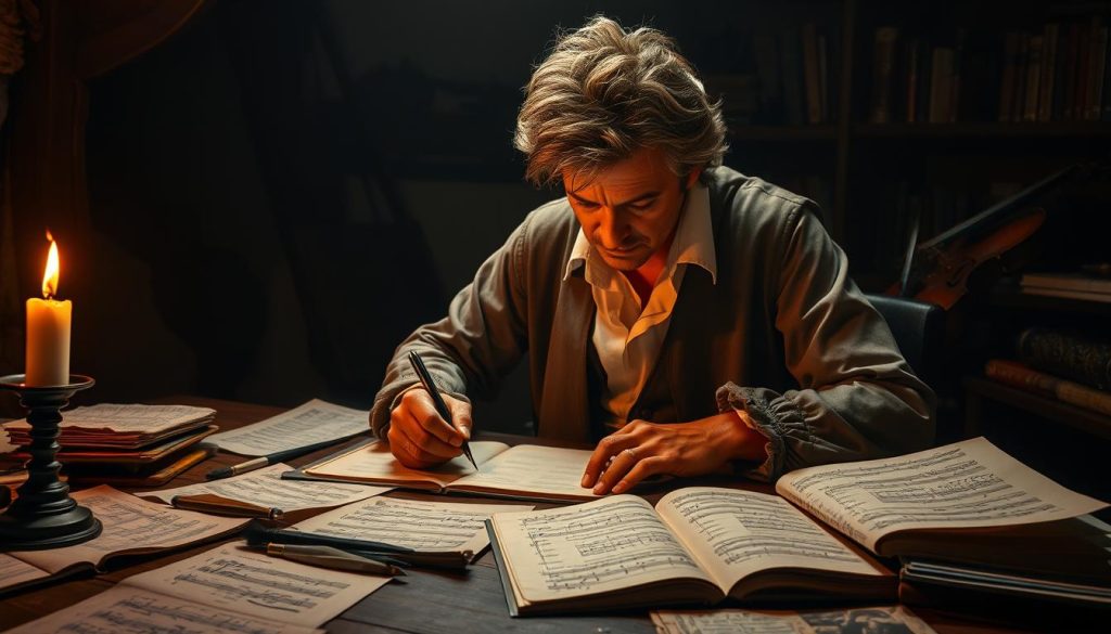 A dramatic scene depicting Mozart in a dimly lit, rustic study in 1791, surrounded by scattered sheet music and quills, reflecting his intense creative process. In the foreground, a focused, middle-aged Mozart, dressed in elegant period clothing, with tousled hair, is intensely writing at a wooden desk, illuminated by a flickering candle. The middle layer features open manuscripts of the Requiem, revealing glimpses of musical notations and annotations. In the background, shadows of shelves filled with classical instruments and books create an intimate, yet melancholic atmosphere, hinting at personal challenges and artistic pressures. The composition emphasizes the contrast between light and shadow, enhancing the mood of urgency and introspection. The image captures the essence of a poignant moment in Mozart's life, evoking both the beauty and struggle of his artistic genius. A dramatic scene depicting Mozart in a dimly lit, rustic study in 1791, surrounded by scattered sheet music and quills, reflecting his intense creative process. In the foreground, a focused, middle-aged Mozart, dressed in elegant period clothing, with tousled hair, is intensely writing at a wooden desk, illuminated by a flickering candle. The middle layer features open manuscripts of the Requiem, revealing glimpses of musical notations and annotations. In the background, shadows of shelves filled with classical instruments and books create an intimate, yet melancholic atmosphere, hinting at personal challenges and artistic pressures. The composition emphasizes the contrast between light and shadow, enhancing the mood of urgency and introspection. The image captures the essence of a poignant moment in Mozart's life, evoking both the beauty and struggle of his artistic genius.