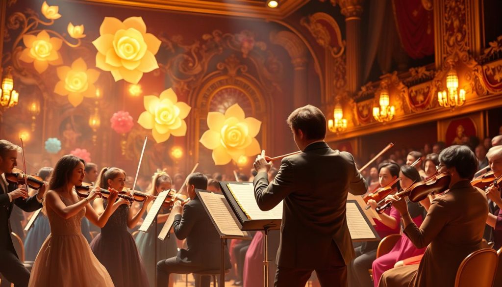 A dreamy concert scene depicting a vibrant orchestral performance of "La flûte enchantée" by Mozart. In the foreground, a diverse group of musicians dressed in elegant concert attire, including flutists, violinists, and a conductor, passionately engaged in a dynamic performance. The middle ground features ornate, glowing stage decorations that evoke the magical themes of the opera, with hints of whimsical elements like giant flowers and ethereal lights. In the background, a softly illuminated audience, captivated by the music, with expressions of enjoyment. The atmosphere is enchanting and celebratory, with warm golden lighting casting a magical glow over the scene, emphasizing the beauty of the classical composition. The image captures the essence of music, emotion, and the grandeur of opera without any text or distractions. A dreamy concert scene depicting a vibrant orchestral performance of "La flûte enchantée" by Mozart. In the foreground, a diverse group of musicians dressed in elegant concert attire, including flutists, violinists, and a conductor, passionately engaged in a dynamic performance. The middle ground features ornate, glowing stage decorations that evoke the magical themes of the opera, with hints of whimsical elements like giant flowers and ethereal lights. In the background, a softly illuminated audience, captivated by the music, with expressions of enjoyment. The atmosphere is enchanting and celebratory, with warm golden lighting casting a magical glow over the scene, emphasizing the beauty of the classical composition. The image captures the essence of music, emotion, and the grandeur of opera without any text or distractions.