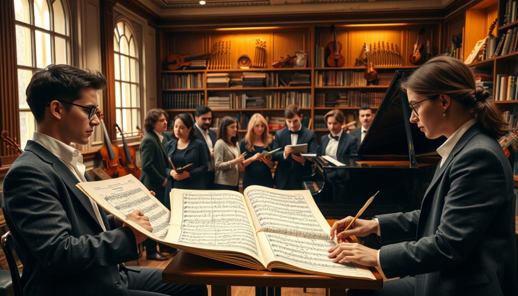 A gathering of Mozart's students in a classical music classroom, showcasing their serious dedication to finishing his Requiem. In the foreground, two young male and female composers, dressed in modest business attire, are intensely studying sheet music while referencing a large, ornate score of the Requiem. In the middle, a diverse group of students is engaged in animated discussions, holding quills and parchment, with a grand piano positioned nearby. The background displays shelves lined with classical instruments and music books, illuminated by warm, soft lighting filtering through large windows, creating a focused yet inspiring atmosphere. The mood is scholarly and collaborative, evoking a sense of commitment to the legacy of Mozart's unfinished masterpiece. A gathering of Mozart's students in a classical music classroom, showcasing their serious dedication to finishing his Requiem. In the foreground, two young male and female composers, dressed in modest business attire, are intensely studying sheet music while referencing a large, ornate score of the Requiem. In the middle, a diverse group of students is engaged in animated discussions, holding quills and parchment, with a grand piano positioned nearby. The background displays shelves lined with classical instruments and music books, illuminated by warm, soft lighting filtering through large windows, creating a focused yet inspiring atmosphere. The mood is scholarly and collaborative, evoking a sense of commitment to the legacy of Mozart's unfinished masterpiece.