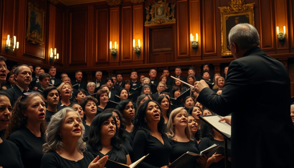 A grand concert hall filled with a dynamic and diverse choir composed of various singers in professional black attire, passionately performing Mozart's Requiem. In the foreground, close-up on intense facial expressions conveying deep emotion and dedication, as the conductor leads with a baton, emphasizing the role of the choir. In the middle ground, grand wood-paneled walls adorned with classical decor, echoing the rich history of the music. Soft, romantic lighting casts a warm glow, creating an atmosphere of reverence and wonder. In the background, silhouettes of an audience captivated by the performance, enhancing the feeling of unity and shared experience. The overall mood should evoke the spirit of classic baroque music, imbued with a sense of mystery and emotional depth. A grand concert hall filled with a dynamic and diverse choir composed of various singers in professional black attire, passionately performing Mozart's Requiem. In the foreground, close-up on intense facial expressions conveying deep emotion and dedication, as the conductor leads with a baton, emphasizing the role of the choir. In the middle ground, grand wood-paneled walls adorned with classical decor, echoing the rich history of the music. Soft, romantic lighting casts a warm glow, creating an atmosphere of reverence and wonder. In the background, silhouettes of an audience captivated by the performance, enhancing the feeling of unity and shared experience. The overall mood should evoke the spirit of classic baroque music, imbued with a sense of mystery and emotional depth.