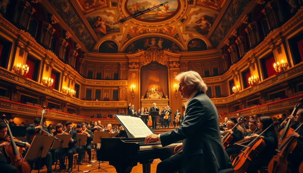 A grand, ornate concert hall filled with classical instruments, featuring a central grand piano illuminated by warm golden lighting. In the foreground, a distinguished composer resembling Mozart, dressed in an elegant period suit, sits at the piano with sheet music scattered around. The middle layer captures a small ensemble of musicians, including a violinist and cellist, deeply immersed in their performance. The background is adorned with elaborate frescoes and rich velvet curtains, giving a sense of opulence and tradition. The atmosphere is dynamic and warm, radiating creativity and inspiration, evoking the unique musical style of Mozart. The image is framed with a slight soft focus to enhance the nostalgic ambiance. A grand, ornate concert hall filled with classical instruments, featuring a central grand piano illuminated by warm golden lighting. In the foreground, a distinguished composer resembling Mozart, dressed in an elegant period suit, sits at the piano with sheet music scattered around. The middle layer captures a small ensemble of musicians, including a violinist and cellist, deeply immersed in their performance. The background is adorned with elaborate frescoes and rich velvet curtains, giving a sense of opulence and tradition. The atmosphere is dynamic and warm, radiating creativity and inspiration, evoking the unique musical style of Mozart. The image is framed with a slight soft focus to enhance the nostalgic ambiance.