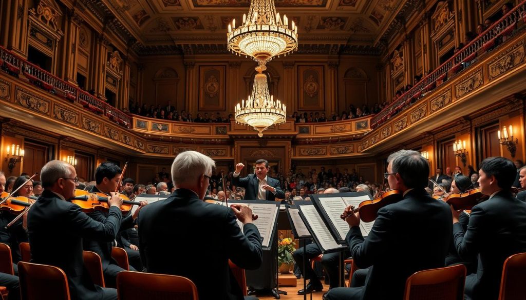 A grand, ornate concert hall filled with elegant musicians in professional attire playing classical instruments, representing the rich musical legacy of Wolfgang Amadeus Mozart. In the foreground, a vibrant string quartet passionately performing one of Mozart’s compositions, their expressions focused and engaged. The middle ground features a conductor passionately guiding the ensemble, the audience captivated by the performance. In the background, a beautifully illuminated chandelier casts a warm glow over the scene, highlighting intricate architectural details. Soft, dramatic lighting enhances the mood of reverence and creativity, reflecting the universal influence of Mozart's music. Capture this moment from a slightly elevated angle to encompass both performers and audience, emphasizing the communal experience of classical music. A grand, ornate concert hall filled with elegant musicians in professional attire playing classical instruments, representing the rich musical legacy of Wolfgang Amadeus Mozart. In the foreground, a vibrant string quartet passionately performing one of Mozart’s compositions, their expressions focused and engaged. The middle ground features a conductor passionately guiding the ensemble, the audience captivated by the performance. In the background, a beautifully illuminated chandelier casts a warm glow over the scene, highlighting intricate architectural details. Soft, dramatic lighting enhances the mood of reverence and creativity, reflecting the universal influence of Mozart's music. Capture this moment from a slightly elevated angle to encompass both performers and audience, emphasizing the communal experience of classical music.