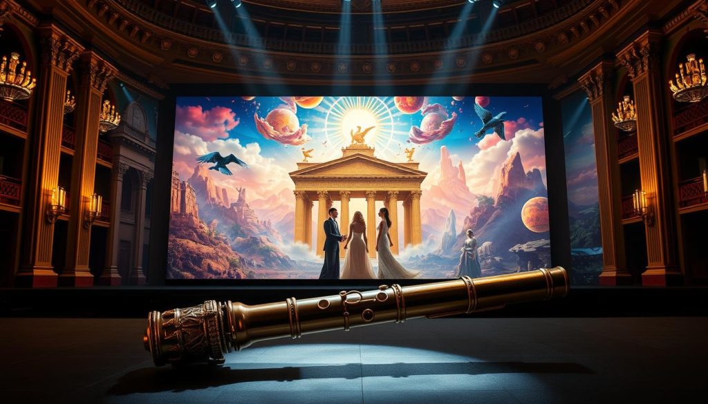A grand theatrical stage set in a lavish opera house representing "The Magic Flute" by Mozart. In the foreground, a spotlight illuminates a beautifully detailed flute, surrounded by symbols of wisdom and enlightenment such as an owl and a sun. In the middle ground, elegantly dressed characters inspired by the opera's protagonists, including Pamina and Tamino, interact, showcasing a blend of joy and determination. The background features majestic, ethereal scenery resembling ancient temples and mythical landscapes, infused with vibrant colors, symbolizing the timeless and universal themes of the opera. Soft, golden lighting enhances the magical atmosphere, while an elegant perspective captures the grandeur of the opera house, invoking a sense of wonder and legacy. A grand theatrical stage set in a lavish opera house representing "The Magic Flute" by Mozart. In the foreground, a spotlight illuminates a beautifully detailed flute, surrounded by symbols of wisdom and enlightenment such as an owl and a sun. In the middle ground, elegantly dressed characters inspired by the opera's protagonists, including Pamina and Tamino, interact, showcasing a blend of joy and determination. The background features majestic, ethereal scenery resembling ancient temples and mythical landscapes, infused with vibrant colors, symbolizing the timeless and universal themes of the opera. Soft, golden lighting enhances the magical atmosphere, while an elegant perspective captures the grandeur of the opera house, invoking a sense of wonder and legacy.