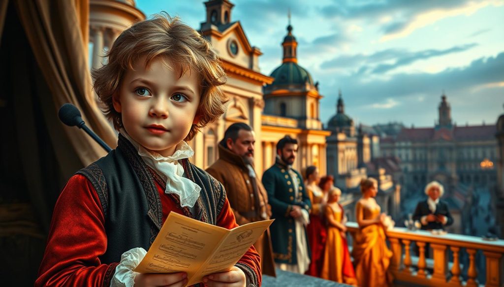A historical scene depicting the young Wolfgang Amadeus Mozart on his European tour in the mid-18th century. In the foreground, portray a stylish, young Mozart, around 8 years old, dressed in a richly colored period outfit with a waistcoat, holding a sheet of music. His expression is one of excitement and curiosity. In the middle ground, include a small, elegant gathering of European nobility, attentively listening and engaging, dressed in elaborate attire characteristic of that era. The background features an intricate European cityscape with classical architecture, illuminated by warm, golden early evening light, creating a sense of wonder and artistic ambition. The atmosphere is vibrant and celebratory, capturing the essence of a musical journey filled with learning and inspiration. A historical scene depicting the young Wolfgang Amadeus Mozart on his European tour in the mid-18th century. In the foreground, portray a stylish, young Mozart, around 8 years old, dressed in a richly colored period outfit with a waistcoat, holding a sheet of music. His expression is one of excitement and curiosity. In the middle ground, include a small, elegant gathering of European nobility, attentively listening and engaging, dressed in elaborate attire characteristic of that era. The background features an intricate European cityscape with classical architecture, illuminated by warm, golden early evening light, creating a sense of wonder and artistic ambition. The atmosphere is vibrant and celebratory, capturing the essence of a musical journey filled with learning and inspiration.