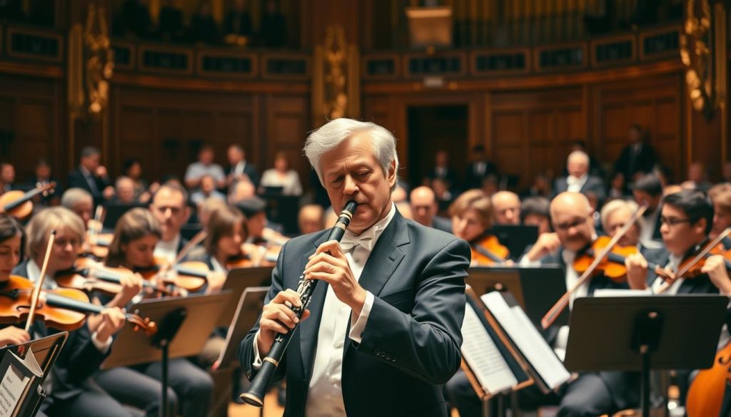 A lush orchestral setting featuring a diverse group of classical musicians performing Mozart's Clarinet Concerto. In the foreground, a skilled clarinetist, dressed in elegant concert attire, passionately plays the clarinet, conveying emotion. The middle ground showcases an array of musicians with violins, cellos, and woodwinds, all in focused concentration. The background highlights a grand concert hall with rich wooden accents and ornate decorations, illuminated by warm, soft lighting that creates an inviting atmosphere. The scene captures the synergy between the soloist and the orchestra, reflecting the harmony and dynamic interplay of the music. The image should have a slightly angled perspective, emphasizing the depth of the orchestra and the vibrant energy of the performance.