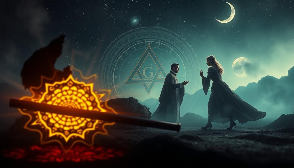 A mystical and enchanting scene inspired by "The Magic Flute," showcasing symbols and themes of enlightenment and allegory. In the foreground, depict a stylized representation of the flute, surrounded by intricate patterns of light and shadow, symbolizing the journey to wisdom. In the middle ground, include symbolic figures like Sarastro and Pamina, dressed in elegant, historical attire, engaging in a harmonious dialogue amidst a backdrop of geometric shapes representing Freemasonry. The background should feature a celestial sky, with stars and a crescent moon, creating a sense of magic and wonder. Soft, ethereal lighting casts a gentle glow over the scene, enhancing the mood of mystery and enlightenment, captured with a balanced composition and a cinematic angle that draws the viewer in. A mystical and enchanting scene inspired by "The Magic Flute," showcasing symbols and themes of enlightenment and allegory. In the foreground, depict a stylized representation of the flute, surrounded by intricate patterns of light and shadow, symbolizing the journey to wisdom. In the middle ground, include symbolic figures like Sarastro and Pamina, dressed in elegant, historical attire, engaging in a harmonious dialogue amidst a backdrop of geometric shapes representing Freemasonry. The background should feature a celestial sky, with stars and a crescent moon, creating a sense of magic and wonder. Soft, ethereal lighting casts a gentle glow over the scene, enhancing the mood of mystery and enlightenment, captured with a balanced composition and a cinematic angle that draws the viewer in.