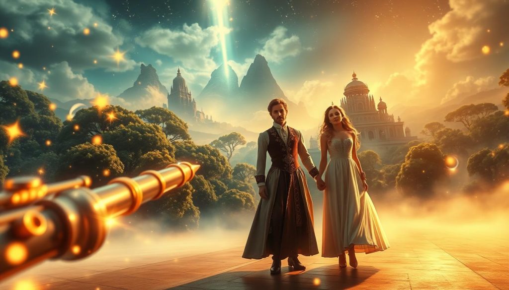 A mystical scene inspired by Mozart's "The Magic Flute," featuring a grand, ethereal setting. In the foreground, a majestic flûte (flute) glimmers with magical light, surrounded by intricate musical notes and sparkling stars, symbolizing the enchantment of music. In the middle ground, two noble characters dressed in elegant, period attire—Tamino and Pamina—stand hand in hand, their expressions filled with wonder and determination. Behind them, a fantastical landscape unfolds with lush trees, wisps of ethereal light, and majestic temples rising in the background, representing the journey of enlightenment. The atmosphere is serene yet vibrant, illuminated by a soft, golden glow, evoking a sense of magic and deep emotion. The angle captures both the characters and the beauty of their surroundings, inviting viewers into a world of musical fantasy. A mystical scene inspired by Mozart's "The Magic Flute," featuring a grand, ethereal setting. In the foreground, a majestic flûte (flute) glimmers with magical light, surrounded by intricate musical notes and sparkling stars, symbolizing the enchantment of music. In the middle ground, two noble characters dressed in elegant, period attire—Tamino and Pamina—stand hand in hand, their expressions filled with wonder and determination. Behind them, a fantastical landscape unfolds with lush trees, wisps of ethereal light, and majestic temples rising in the background, representing the journey of enlightenment. The atmosphere is serene yet vibrant, illuminated by a soft, golden glow, evoking a sense of magic and deep emotion. The angle captures both the characters and the beauty of their surroundings, inviting viewers into a world of musical fantasy.