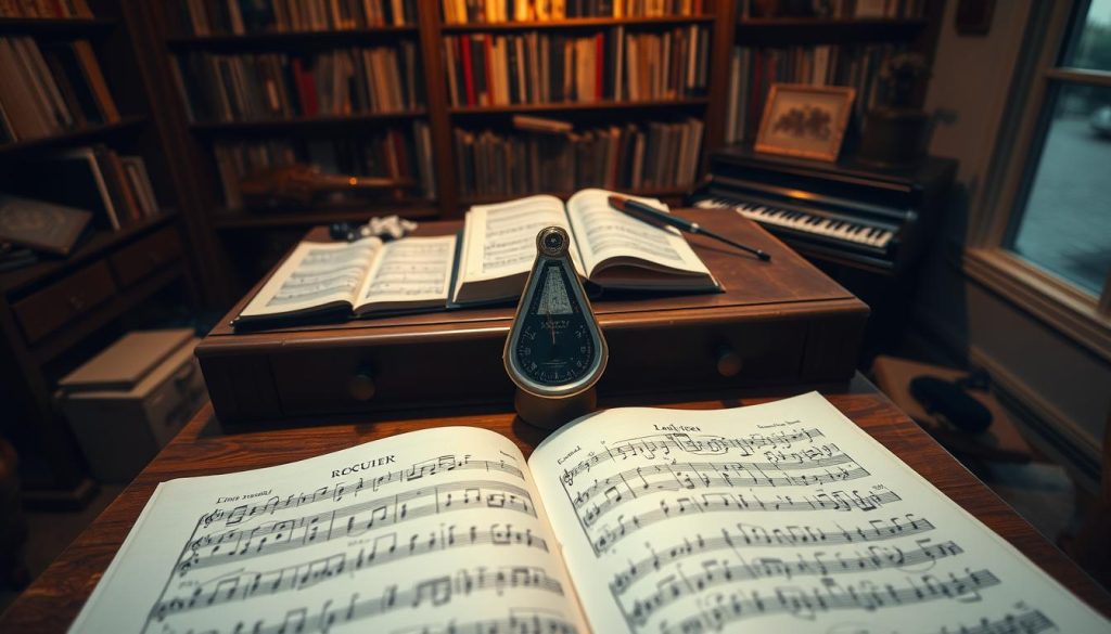 A serene and detailed analysis of a musical score, featuring the intricate sheet music of Mozart's Requiem in the foreground. The sheet music should display handwritten notes and pen markings, reflecting an intense study of the composition. In the middle, a vintage wooden desk cluttered with musical notations, an ornate metronome, and an open leather-bound book on musical theory. In the background, dimly lit shelves filled with classical music records and historical music instruments like a violin and a piano. The room should be softly illuminated by warm, ambient lighting, creating a contemplative atmosphere. The angle should be a slightly tilted top-down view, drawing the viewer into the depth of musical exploration and analysis, evoking a sense of reverence and curiosity towards Mozart's unfinished masterpiece. A serene and detailed analysis of a musical score, featuring the intricate sheet music of Mozart's Requiem in the foreground. The sheet music should display handwritten notes and pen markings, reflecting an intense study of the composition. In the middle, a vintage wooden desk cluttered with musical notations, an ornate metronome, and an open leather-bound book on musical theory. In the background, dimly lit shelves filled with classical music records and historical music instruments like a violin and a piano. The room should be softly illuminated by warm, ambient lighting, creating a contemplative atmosphere. The angle should be a slightly tilted top-down view, drawing the viewer into the depth of musical exploration and analysis, evoking a sense of reverence and curiosity towards Mozart's unfinished masterpiece.