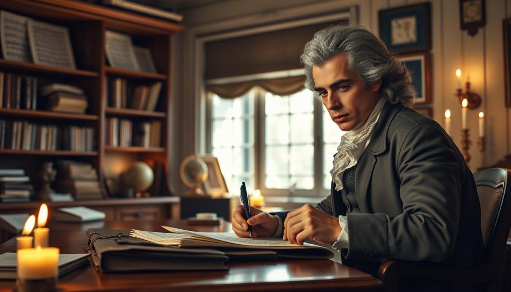 A serene and intimate portrait of Wolfgang Amadeus Mozart in his home study, reflecting his personal life. In the foreground, Mozart, wearing an 18th-century elegant coat and waistcoat, sits at a wooden writing desk, thoughtfully composing music on parchment with quill and ink. His expressive face reveals a sense of passion and creativity. In the middle ground, shelves filled with sheet music, books, and a small globe indicate his scholarly pursuits. The background features a window with soft, natural light streaming in, illuminating the room and casting gentle shadows. A few candles flicker, adding warmth to the atmosphere. The overall mood is reflective and inspiring, capturing the essence of a musical genius deeply engaged in his craft. A serene and intimate portrait of Wolfgang Amadeus Mozart in his home study, reflecting his personal life. In the foreground, Mozart, wearing an 18th-century elegant coat and waistcoat, sits at a wooden writing desk, thoughtfully composing music on parchment with quill and ink. His expressive face reveals a sense of passion and creativity. In the middle ground, shelves filled with sheet music, books, and a small globe indicate his scholarly pursuits. The background features a window with soft, natural light streaming in, illuminating the room and casting gentle shadows. A few candles flicker, adding warmth to the atmosphere. The overall mood is reflective and inspiring, capturing the essence of a musical genius deeply engaged in his craft.