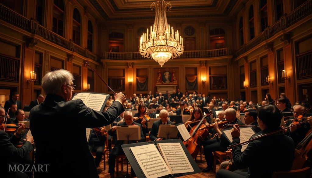 A serene concert hall filled with musicians passionately playing classical instruments, representing the influence of Mozart. In the foreground, a conductor passionately leads the orchestra, dressed in formal attire, with sheet music displaying recognizable motifs from Mozart’s works. The middle ground showcases a diverse group of musicians, including string players, woodwinds, and brass, all intensely focused on their performance. The background features a grand chandelier illuminating the stage, creating a warm glow that enhances the atmosphere. Soft shadows cast by candlelight contribute to a timeless, elegant ambiance. The perspective is slightly elevated, capturing the grand scale of the hall, evoking a sense of reverence for Mozart's legacy in classical music. The overall mood is inspirational and historic, celebrating the profound impact of Mozart on subsequent composers. A serene concert hall filled with musicians passionately playing classical instruments, representing the influence of Mozart. In the foreground, a conductor passionately leads the orchestra, dressed in formal attire, with sheet music displaying recognizable motifs from Mozart’s works. The middle ground showcases a diverse group of musicians, including string players, woodwinds, and brass, all intensely focused on their performance. The background features a grand chandelier illuminating the stage, creating a warm glow that enhances the atmosphere. Soft shadows cast by candlelight contribute to a timeless, elegant ambiance. The perspective is slightly elevated, capturing the grand scale of the hall, evoking a sense of reverence for Mozart's legacy in classical music. The overall mood is inspirational and historic, celebrating the profound impact of Mozart on subsequent composers.