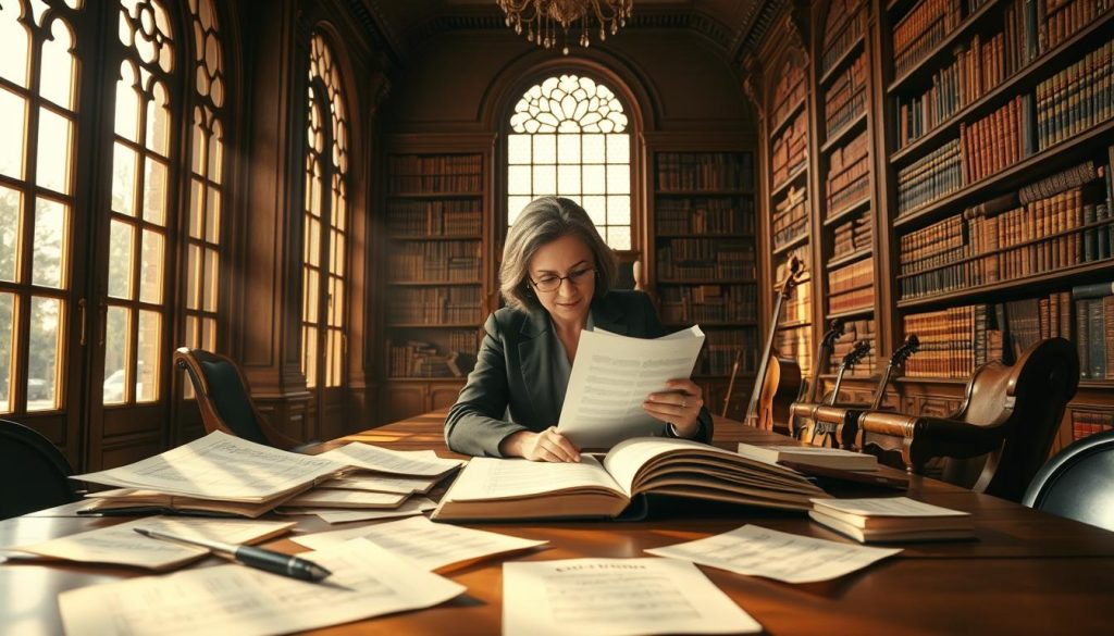 A serene, elegant scene depicting a classical music analysis setting inspired by Mozart's Serenade No. 13. In the foreground, a wooden table cluttered with sheet music, a quill, and an open score. In the middle, a sophisticated music scholar, a middle-aged woman in professional attire, intently studying the sheet music. Surrounding her are large, ornate windows allowing soft, golden sunlight to filter through, casting gentle shadows. The background features a grand library with towering shelves filled with leather-bound books and musical instruments, adding depth to the ambiance. The atmosphere exudes a sense of calm and focus, inviting the viewer into the world of classical music analysis, with rich textures and warm colors enhancing the mood.