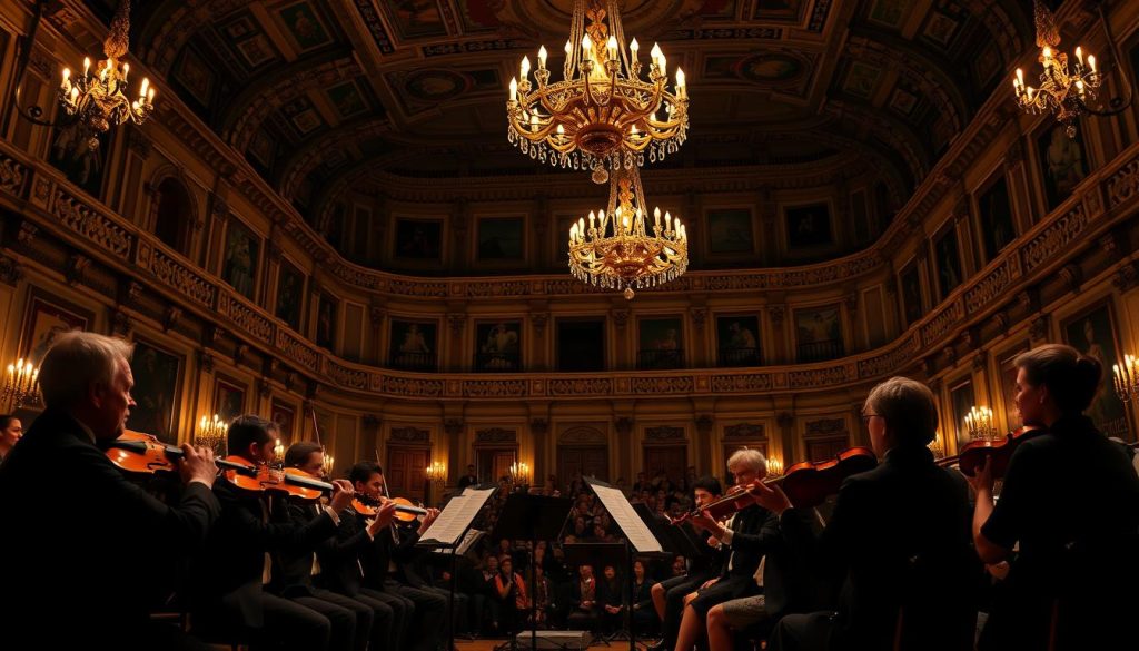 A serene nighttime scene set in a grand classical concert hall, illuminated by soft, warm lighting that highlights ornate details of the architecture. In the foreground, a group of musicians dressed in formal attire passionately play string instruments, embodying the essence of Mozart's "Eine kleine Nachtmusik." In the middle ground, an enthralled audience gazes at the musicians, their expressions filled with awe and appreciation, capturing the cultural impact of this timeless piece. The background features elegant chandeliers casting a golden glow, and the walls adorned with rich tapestries that resonate with musical history. The atmosphere is one of deep reverence and connection to the past, with subtle reflections of joy and nostalgia. The angle focuses on the stage, drawing viewers into the heart of the musical experience.