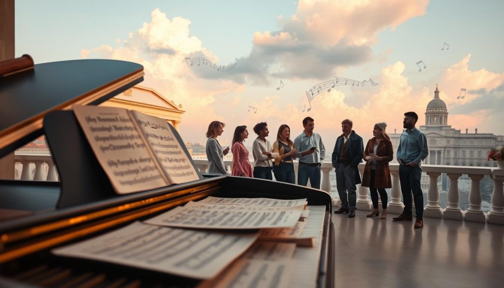 A visually striking scene depicting the essence of Mozart's musical genius. In the foreground, a grand piano is elegantly situated, with sheet music scattered artistically across its surface, showcasing famous compositions like the "Eine kleine Nachtmusik" and "Requiem." A soft, warm light illuminates the piano, creating gentle shadows that add depth. In the middle ground, a diverse group of people, dressed in modest casual clothing, engage in animated discussion about Mozart's works, reflecting enthusiasm and appreciation. In the background, classical architecture and music notes subtly blend into an ethereal landscape of soft clouds and pastel skies, symbolizing the timeless influence of Mozart's music. The atmosphere is one of inspiration and reverence, inviting viewers to feel the profound impact of his compositions. A visually striking scene depicting the essence of Mozart's musical genius. In the foreground, a grand piano is elegantly situated, with sheet music scattered artistically across its surface, showcasing famous compositions like the "Eine kleine Nachtmusik" and "Requiem." A soft, warm light illuminates the piano, creating gentle shadows that add depth. In the middle ground, a diverse group of people, dressed in modest casual clothing, engage in animated discussion about Mozart's works, reflecting enthusiasm and appreciation. In the background, classical architecture and music notes subtly blend into an ethereal landscape of soft clouds and pastel skies, symbolizing the timeless influence of Mozart's music. The atmosphere is one of inspiration and reverence, inviting viewers to feel the profound impact of his compositions.